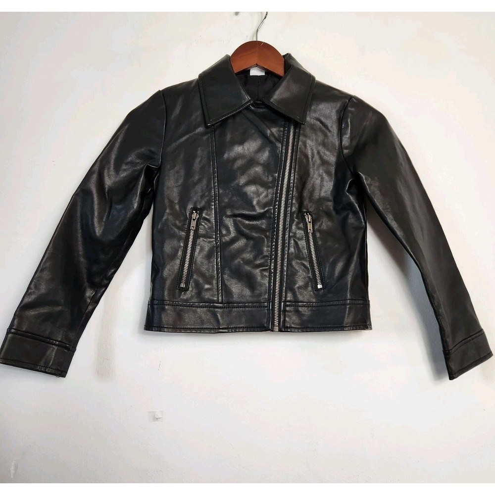 Evsie Girls Black Faux Leather Moto Jacket Size Small Asym Zip Biker Motorcycle